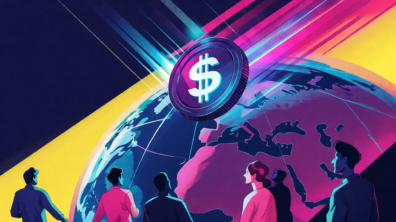Stylized graphic of a glowing digital token speeding across a globe, representing fast stablecoin transfers.