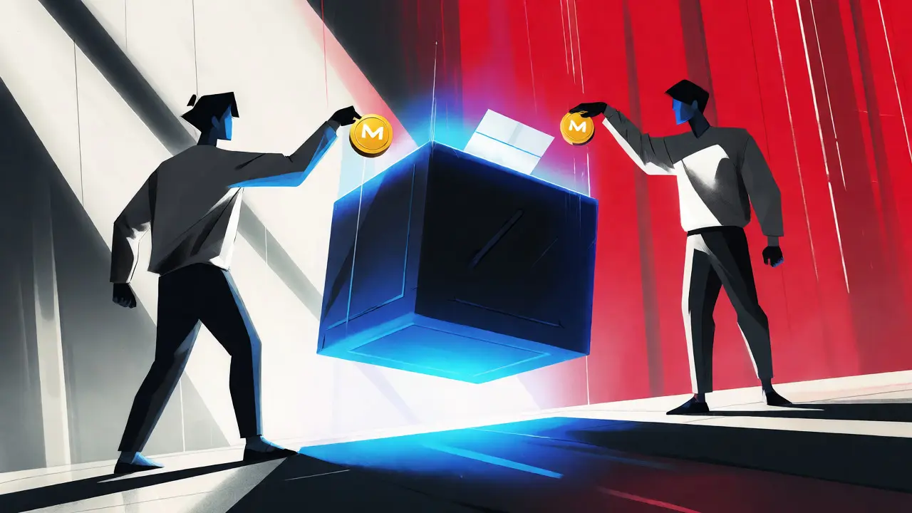 Stylized illustration of people voting with tokens into a glowing ballot box for a crypto campaign.