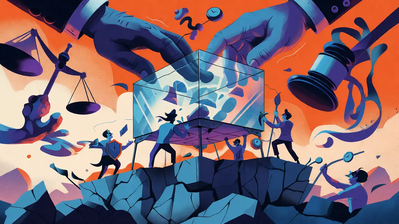 Surreal illustration of a glass treasury under threat from giant hands, symbolizing DAO security risks and regulation.