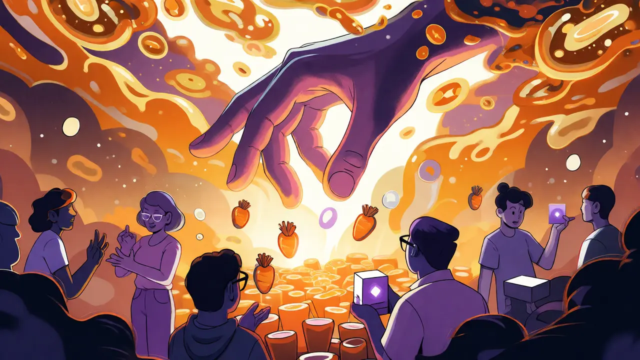 Surreal illustration of users interacting with liquidity pools and minting NFTs for rewards.