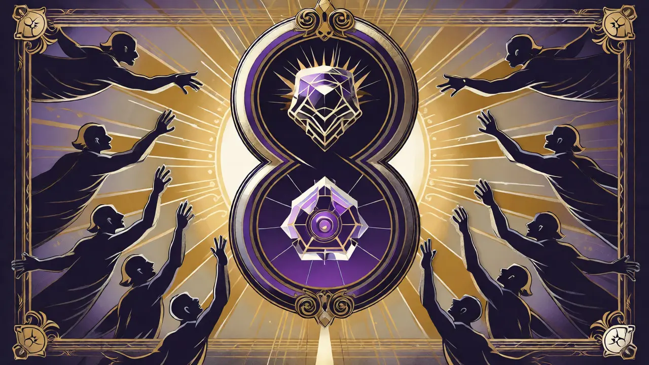 Symbolic artwork of a lucky number 8 shape framing a digital asset, surrounded by reaching hands.