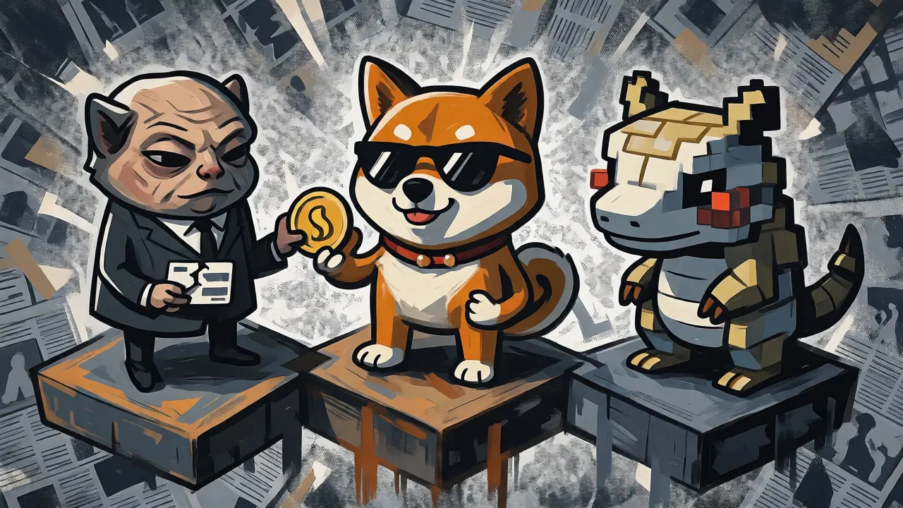 Three cartoon animals representing different crypto projects standing on separate platforms.
