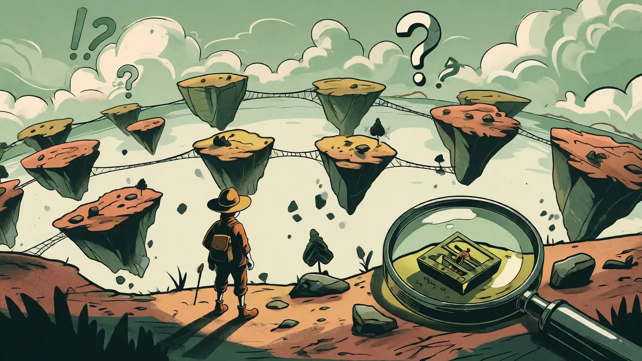 Whimsical scene of an explorer navigating isolated liquidity islands